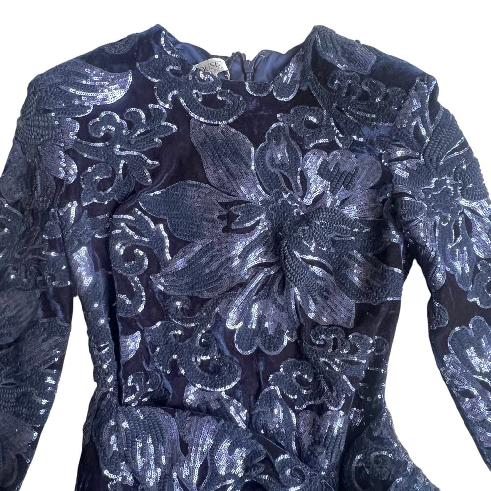 House of CB London Annora Navy Sequin Velvet Asymmetric Cocktail Dress M